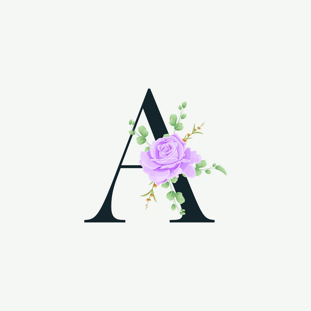 Hermoso Un alfabeto con la plantilla de decoración del logotipo floral. Lujo fuente con hojas verdes emblema botánico vector ilustración. - Vector, Imagen