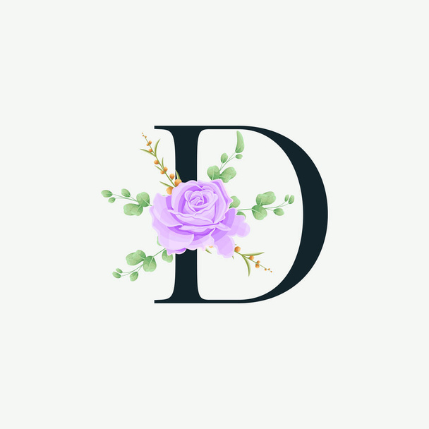 Beautiful D alphabet with Floral logo decoration template. Luxury font with green leaves emblem botanical vector illustration. - Вектор,изображение