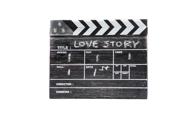 ahşap clapper tahtada beyaz zemin başlığı aşk hikayesi - Fotoğraf, Görsel