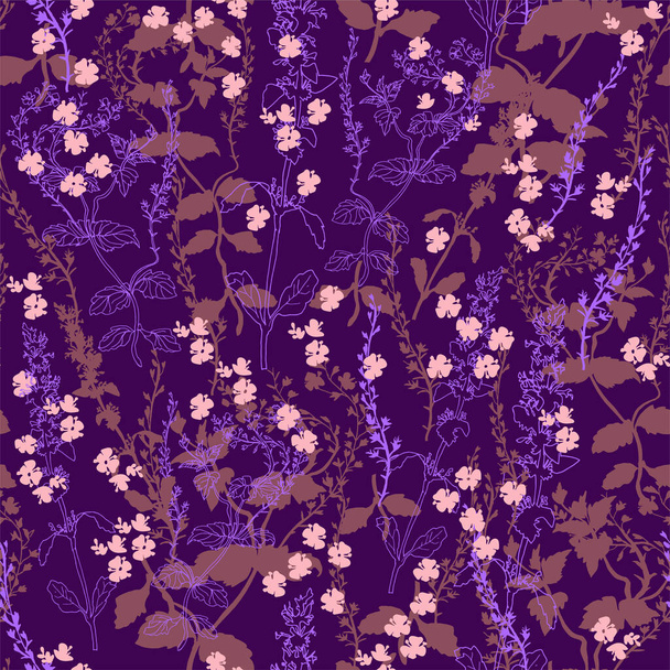 Baby doll in colors of the year seamless pattern with small simple flowers and herbs.  - ベクター画像