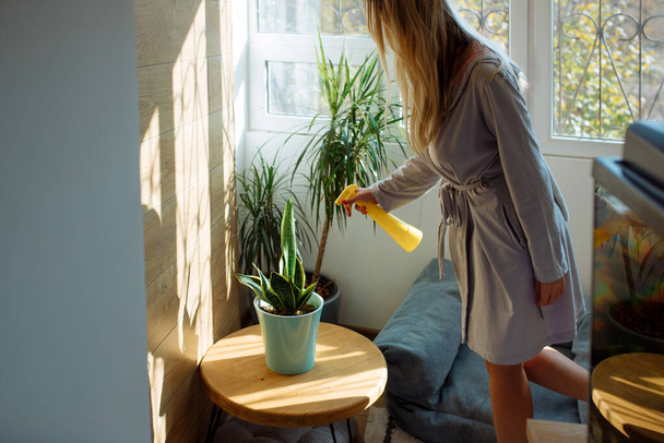 attractive blonde sprays house plants in a bathrobe.Housework landscaping interior - Fotoğraf, Görsel