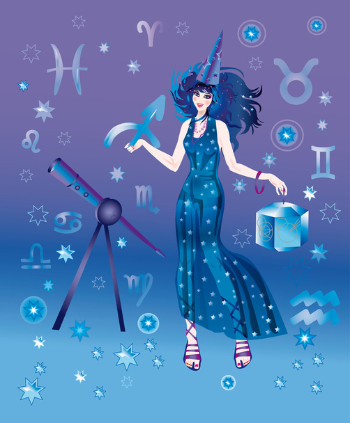 κορίτσι-αστρολόγος με το σημάδι του ζωδιακού κύκλου Τοξότης χαρακτήρα - Φωτογραφία, εικόνα