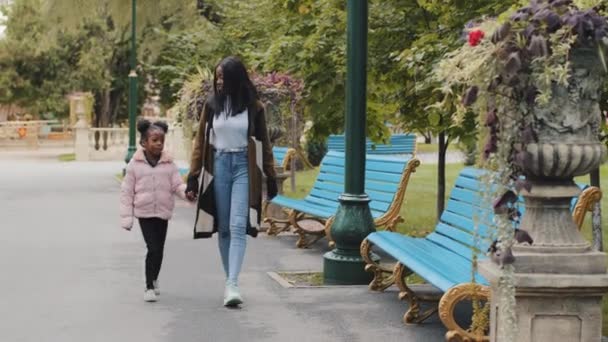 Μαμά και κόρη περπατούν στο πάρκο της πόλης το Σαββατοκύριακο μητέρα κρατώντας το μικρό κορίτσι χέρι ευτυχισμένη αφρικανική αμερικανική οικογένεια επικοινωνεί σε εξωτερικούς χώρους νεαρή γυναίκα χαμογελώντας παιδί μιλήσει με τη μαμά πηγαίνει στο σπίτι μόνο γονέα - Πλάνα, βίντεο