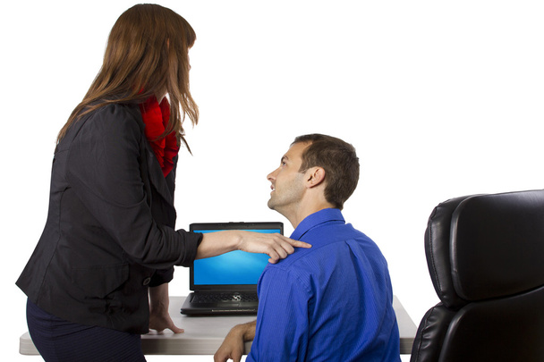 Female coworker is flirting to get favors at work - Φωτογραφία, εικόνα