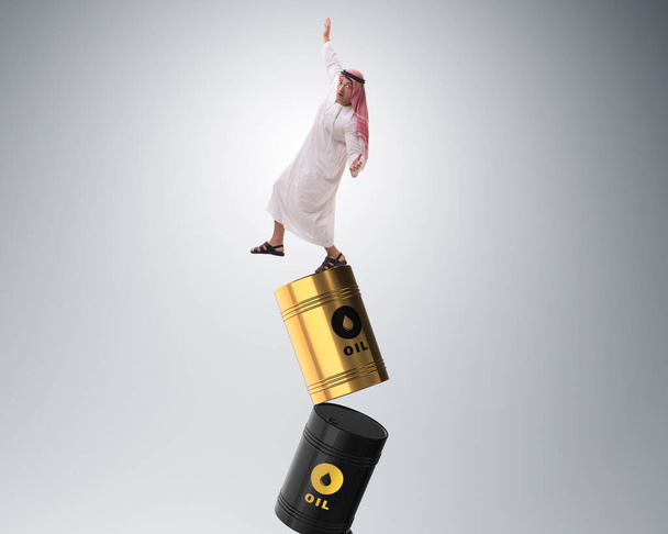 Empresario árabe perdiendo equilibrio en barriles de petróleo - Foto, Imagen