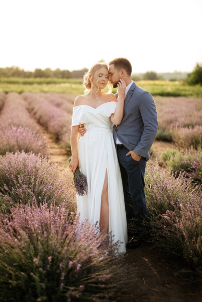 bride and groom on a walk in the lavender field - Fotoğraf, Görsel