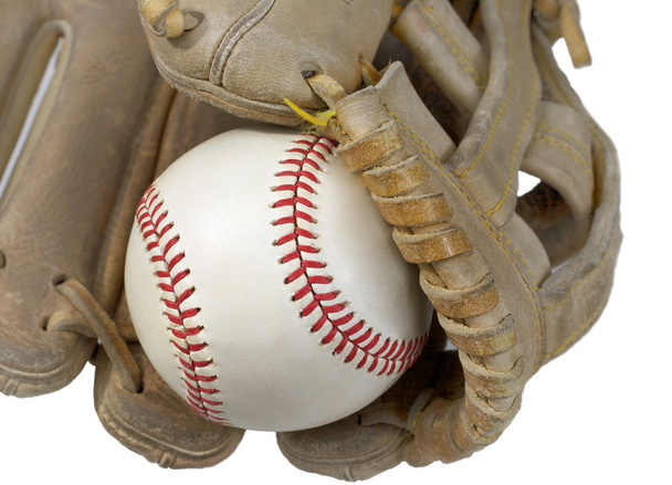 Nahaufnahme von Hardball im Baseballhandschuh - Foto, Bild