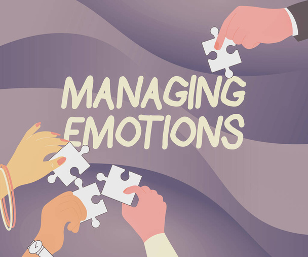 感情の管理を示すテキストキャプション。ビジネスアプローチ自分自身の感情を制御する手の組成イラストを維持ジグソーパズルピースを保持し、お互いを助ける. - 写真・画像