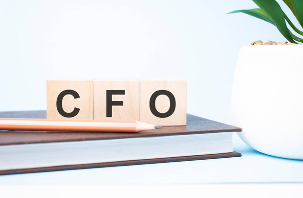 CFO concept. search engine optimization acronym on building blocks supported by two different size pencils. Copy space. - Fotó, kép
