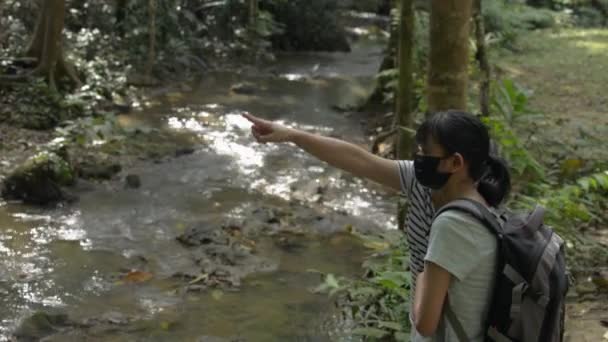 バックパックを持つアジアの女性のティーンエイジャーと顔のマスクで彼女の母親は、午前中に水の流れの近くの森の中で美しい景色を楽しむ。ハイキング旅行。旅行探検家. - 映像、動画