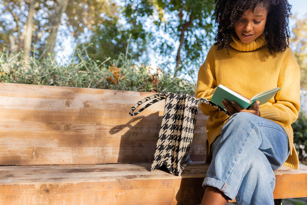 Молода афроамериканська жінка читає книжку, сидячи на лавці парку. Копіювальний простір. - Фото, зображення