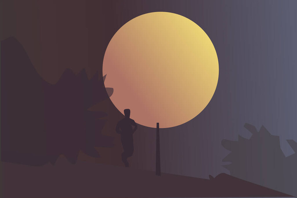 Un corridore si fa strada lungo un sentiero su un butte davanti alla superluna sopra il parco - Vettoriali, immagini