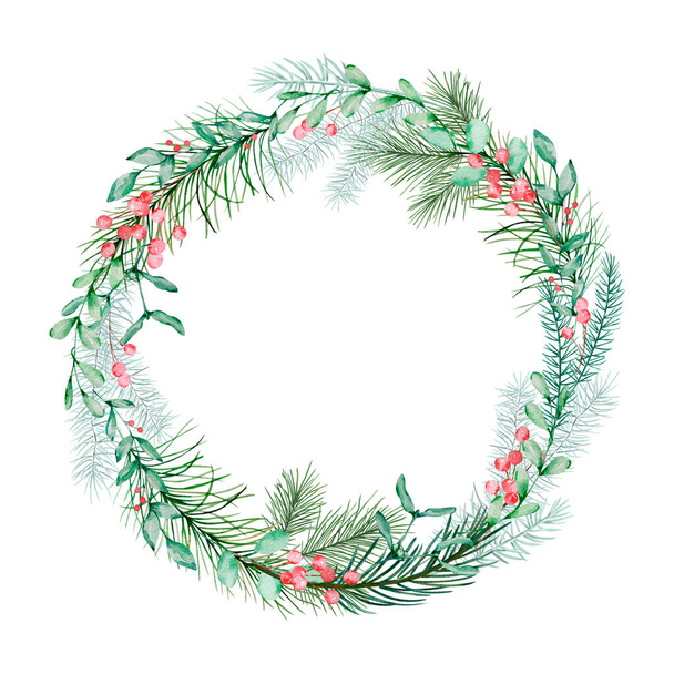 Corona de Navidad acuarela de verdes de invierno y bayas rojas - Foto, Imagen