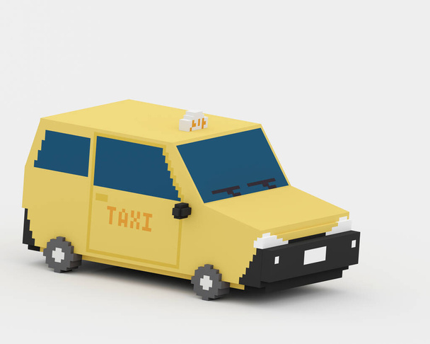 Gele taxi, een digitale kunst van het openbaar vervoer auto in Taipei, Taiwan isometrische voxel raster 3D illustratie renderen op witte achtergrond. - Foto, afbeelding