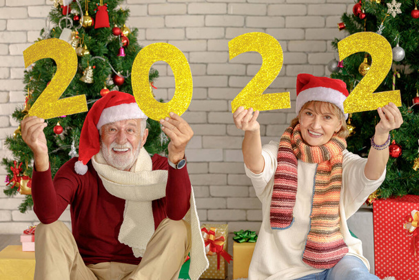 Positiivinen vanhempi pari katselee kameraa hymyillen osoittaen kultaista 2022-numeroa tiiliseinää vastaan joulukuusia uudenvuoden juhlan aikana - Valokuva, kuva