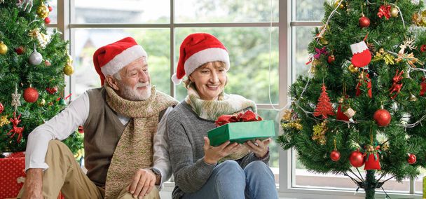 Felice donna matura e uomo anziano esaminando presente mentre seduto su tappeto tra alberi di Natale decorati contro finestra a casa - Foto, immagini