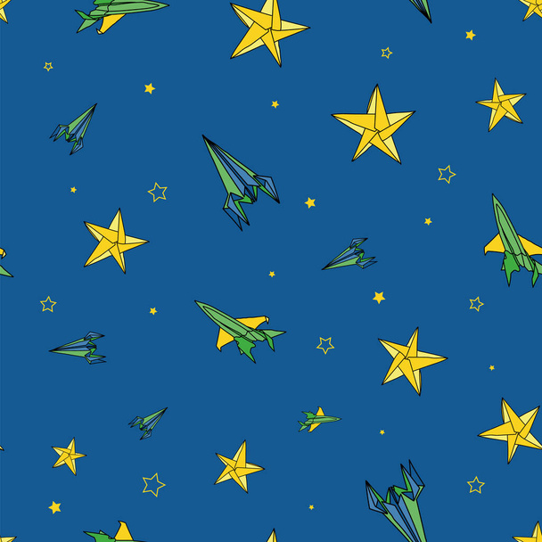 Vektorová modrá Origami papír Letadlo a raketa pozadí vzor - Vektor, obrázek
