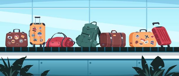 Luggage in airport. Security check baggage conveyor system. Departure terminal line with suitcase and backpack. Knapsacks and briefcases with tags. Vector traveling bags illustration - Vector, Image