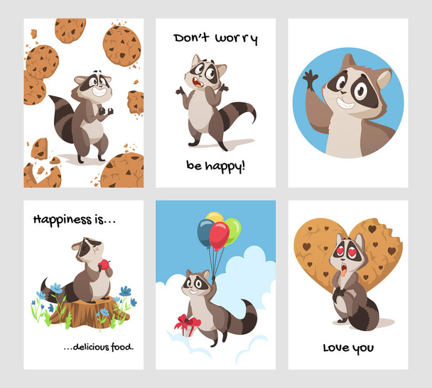 Raccoon greeting card. Cartoon hand drawn poster with curious woodland animal with paws and tail. Funny character emotion expressions. Forest creature and cookies. Vector invitations set - Vector, Image