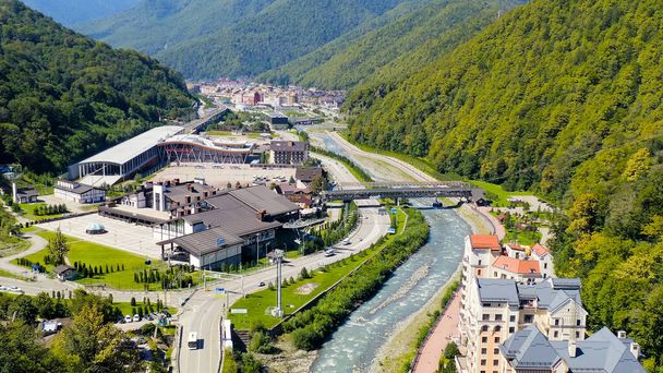 Sochi, Russia - September 10, 2021: Rosa Khutor village. Summer. Valley of the Mzemta River, Aerial View   - Photo, Image