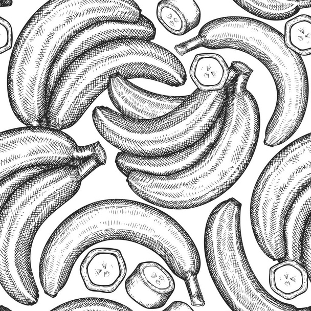 Hand drawn sketch style banana seamless pattern. Organic fresh fruit vector illustration. Retro exotic fruit background - Vektor, Bild