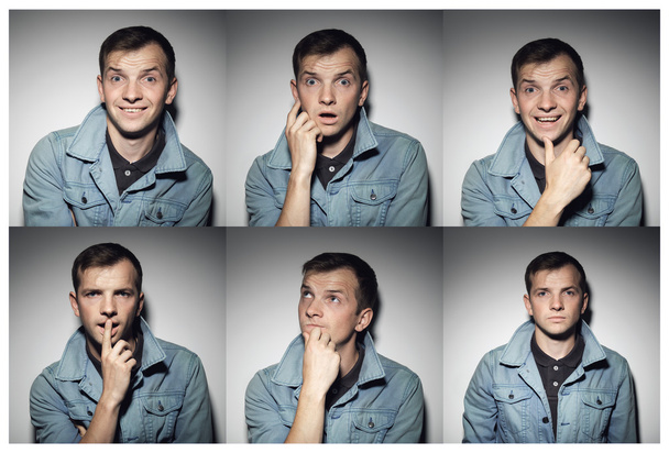 collage van jonge man met verschillende expressies - Foto, afbeelding