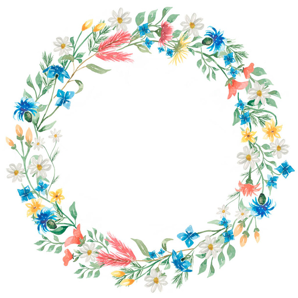 Hand drawn watercolor  wildflowers wreath illustration.Wildflower flowers frame clipart for wedding, birthday invitation. Floral bouquet. Meadow flowers. - Valokuva, kuva