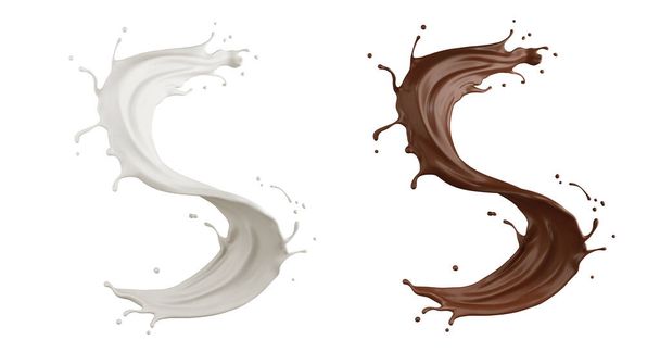 Melkdruppels en chocolade spatten met clipping pad geïsoleerd op witte achtergrond, 3d illustratie. - Foto, afbeelding