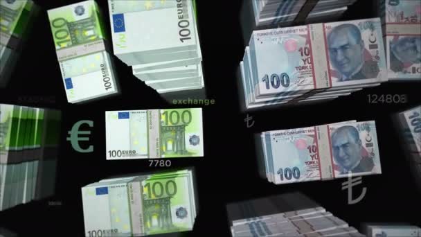 Euro and Turkey Lira money exchange. Paper banknotes pack bundle. Concept of trade, economy, competition, crisis, banking and finance. Notes loopable seamless 3d animation. - Footage, Video