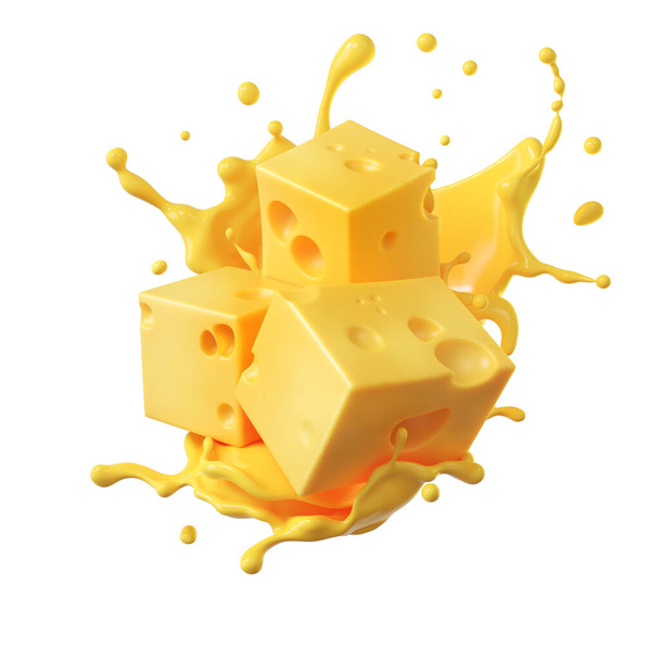 Sýrová omáčka stříkající ve vzduchu se sýrem čedar, 3d rendering. - Fotografie, Obrázek
