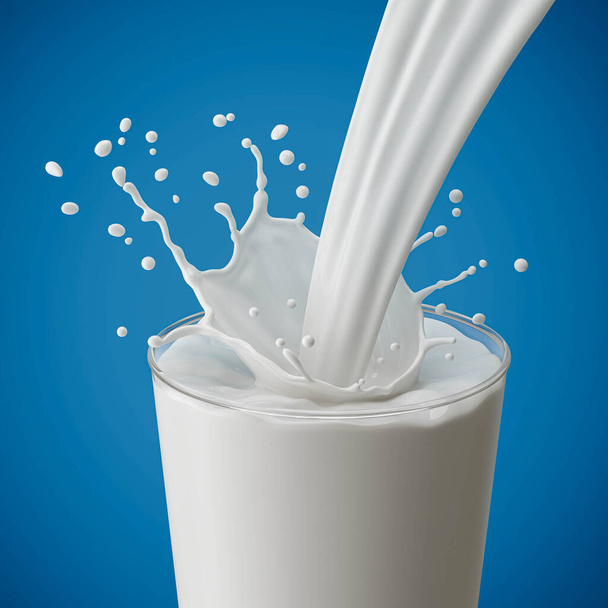 salpicaduras de leche en el vaso y verter aislado en el fondo con la ruta de recorte, 3d renderizado - Foto, imagen