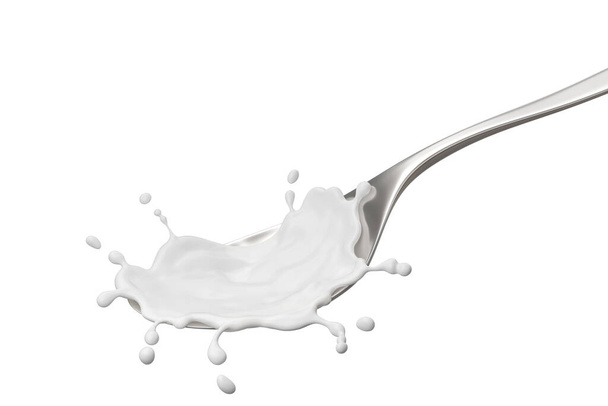 Latte o yogurt spruzzi su cucchiaio d'argento, illustrazione 3D. - Foto, immagini