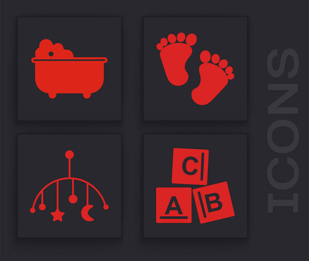 ABC blokları, bebek küveti, bebek ayak izleri ve bebek beşiği asılı oyuncak ikonu. Vektör - Vektör, Görsel