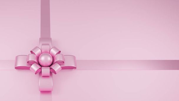 Fita rosa realista e arco no fundo pastel rosa., modelo 3d e ilustração. - Foto, Imagem