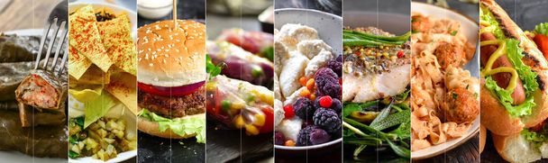 Collage de nombreux petits déjeuners, déjeuners et collations populaires dans le monde entier. Collage de différents assortiments d'aliments. - Photo, image