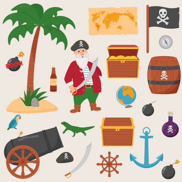 Conjunto pirata paquete aislado sobre fondo blanco. Paquete pirata, mapa del tesoro, ron, rueda del barco, ancla, barril, bomba - Vector, imagen