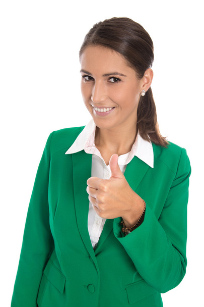 Career concept: isolated businesswoman in green making thumb up  - Fotoğraf, Görsel