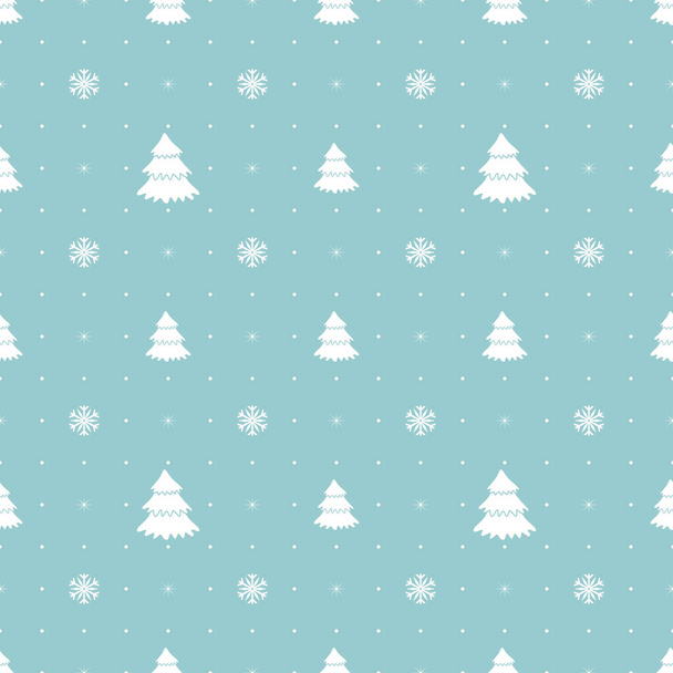 Winter background with fir-trees and snowflakes. Festive Christmas background. White Christmas trees and snowflakes on a blue background. Vector seamless pattern. - Vetor, Imagem