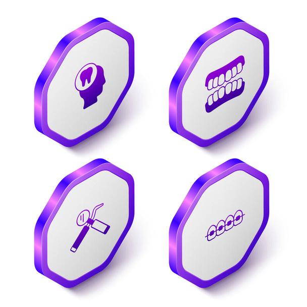 Set Isometric Toothache, Dentures model, Dental mirror and probe and Teeth with braces icon. Purple hexagon button. Vector - Vettoriali, immagini