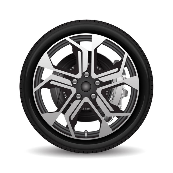 Aluminum wheel car tire style racing black grey disk break on white background vector - Vector, Image