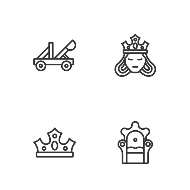 Set line Medieval throne, King crown, catapult and Princess or queen icon. Vector - Wektor, obraz