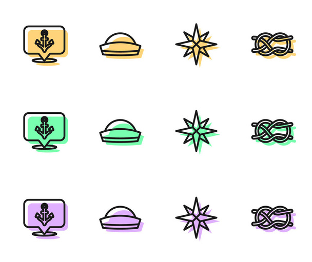 Set line Wind rose, Anchor, Sailor hat and Nautical rope knots icon. Vector - Vector, imagen