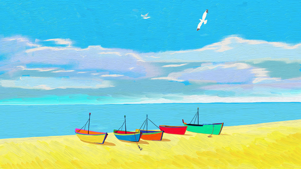 キャンバス上の元の油絵。海のそばにカラフルなボート。現代的な印象派。ビーチでボートとアートオイルの絵。背景のための抽象的な現代美術4k.キャンバス上の絵画. - 写真・画像