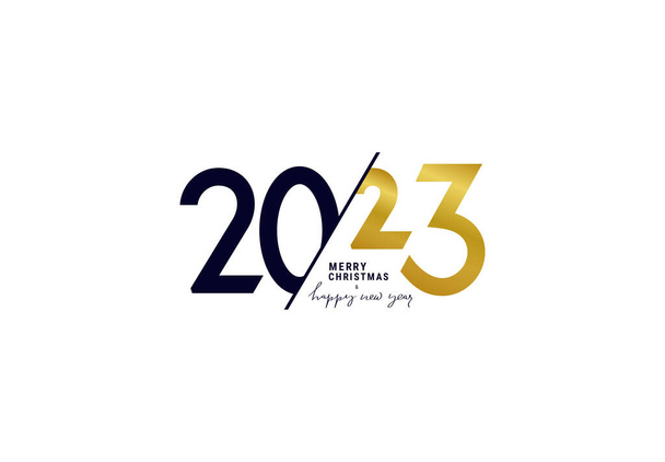Trendlogo 2023 Frohes neues Jahr Textdesign. Vorlage für das Zahlendesign 2023. Symbole für ein gutes neues Jahr 2023. Vektorillustration mit schwarz-goldenem Etikett isoliert auf weißem Hintergrund. - Foto, Bild