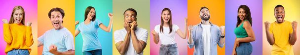 Set of emotional diverse men and women celebrating success with euphoric face expressions, gradient backgrounds - Photo, Image