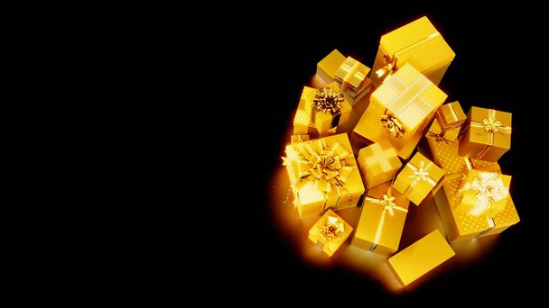golden pile of surprise gift boxes for xmas or cyber monday sale, isolated - object 3D illustration - 写真・画像