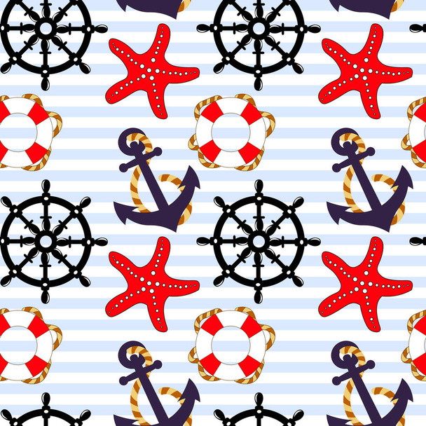 Бесшовный морской узор, якорь, руль, спасательный круг и морские звезды на полосатом фоне. Сине-красные цвета. Текстиль, бумага. - Вектор,изображение