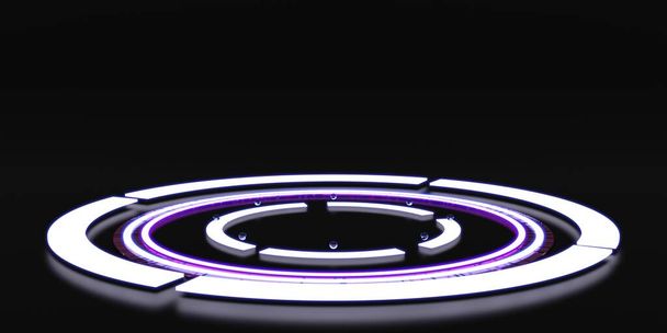 neon licht cirkel reflecterende kleur laser achtergrond 3D illustratie - Foto, afbeelding