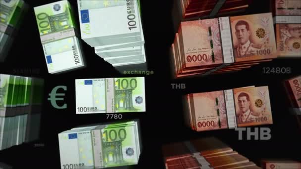 Euro ve Tayland Baht para değişimi. Kağıt banknotlar tomar tomar. Ticaret, ekonomi, rekabet, kriz, bankacılık ve finans kavramı. Döngüsüz 3D canlandırma notaları. - Video, Çekim