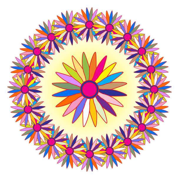 A mandela of cartoon flower heads with a rainbow of assorted colors over a white background - Vector, afbeelding